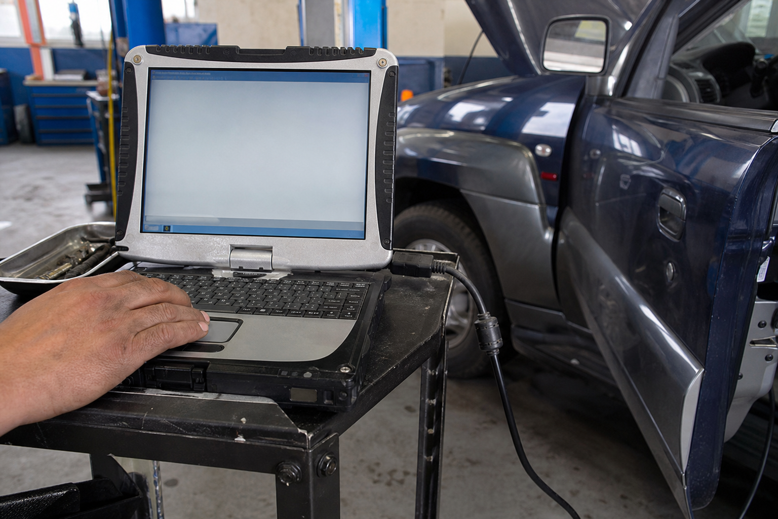 Laptop vehicle diagnostics with OBD scan tools in a normal auto shop